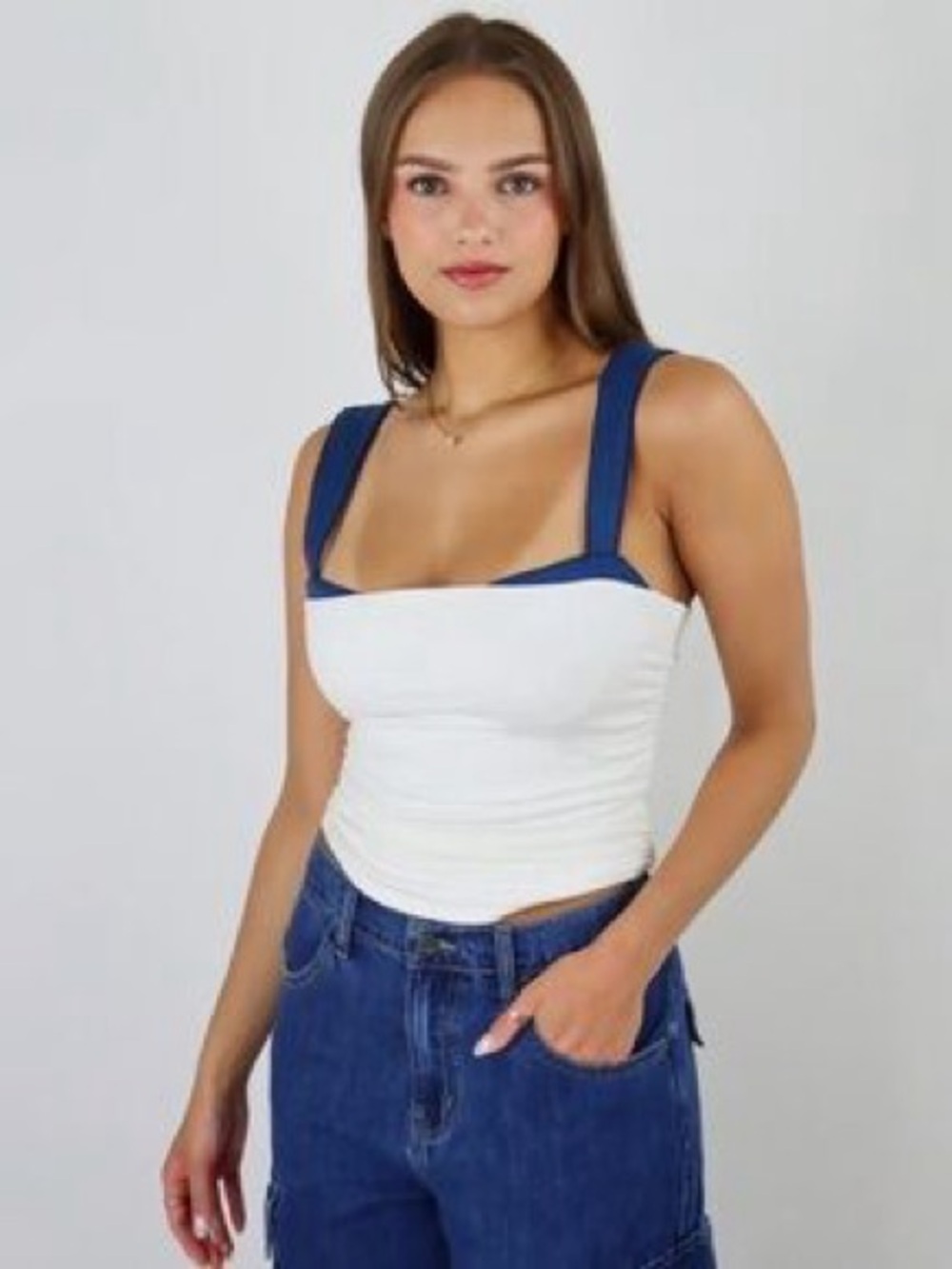 Free People  2 Tone Ivory Ruched Tank  with Navy Contrast Straps Size S NWOT